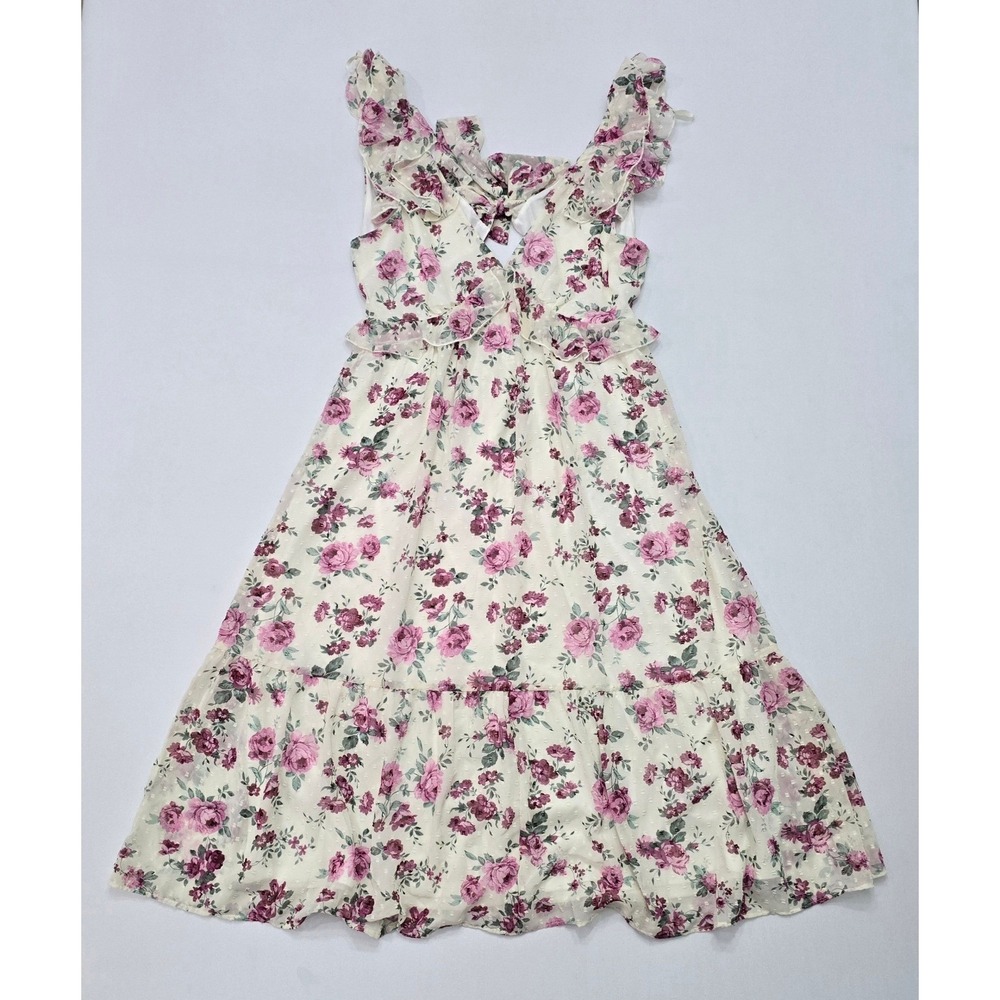 Trixxi Los Angeles Floral Clip Dot Ruffle Midi Dress XL Pink Cream Cutout NEW